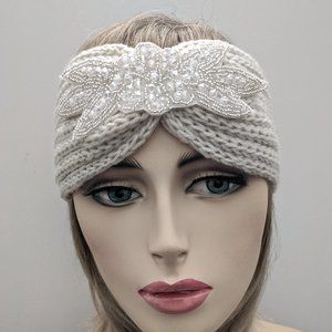 White Beaded Flower Knit Headband Woman Warm Thick